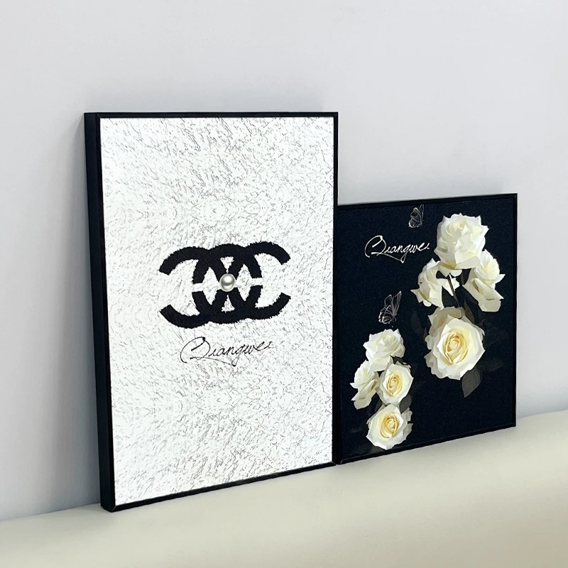 铝合金边框摆画沙发画山茶花蝴蝶磨砂细闪画ins风轻奢北欧装饰画