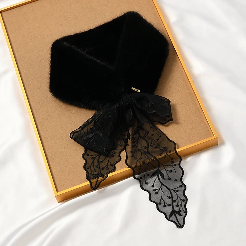 气质蕾丝飘带毛毛围脖女优雅加厚保暖毛领围巾