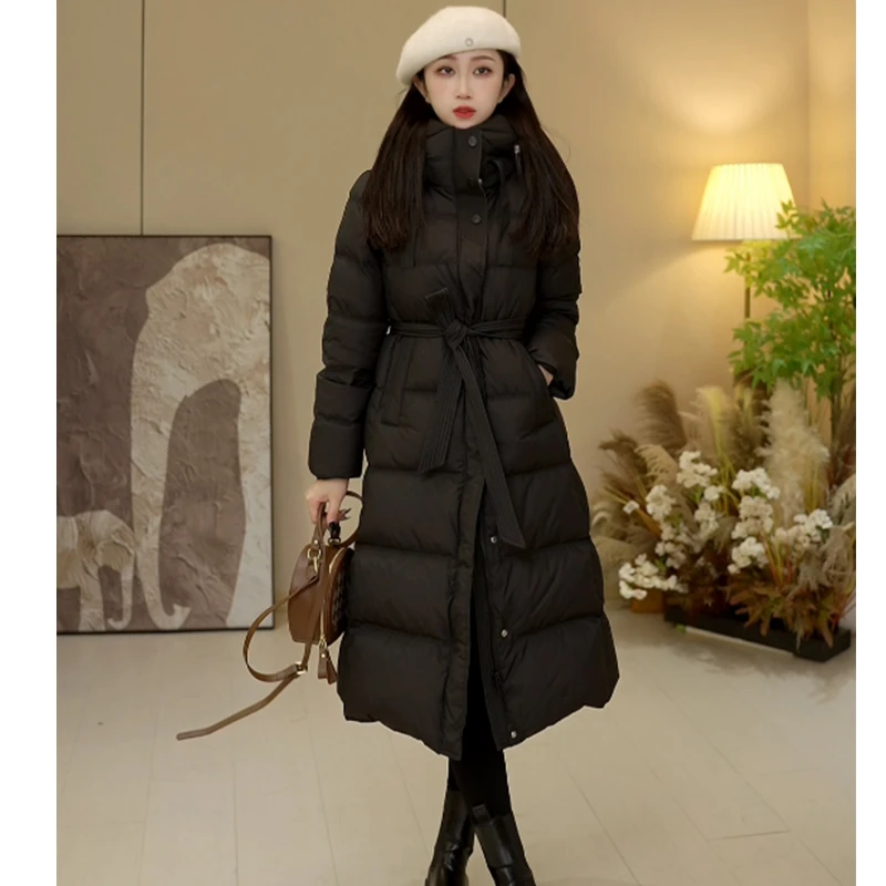 羽绒服反季专柜品质加厚长款保暖羽绒服女装收腰修身腰带显瘦鸭绒