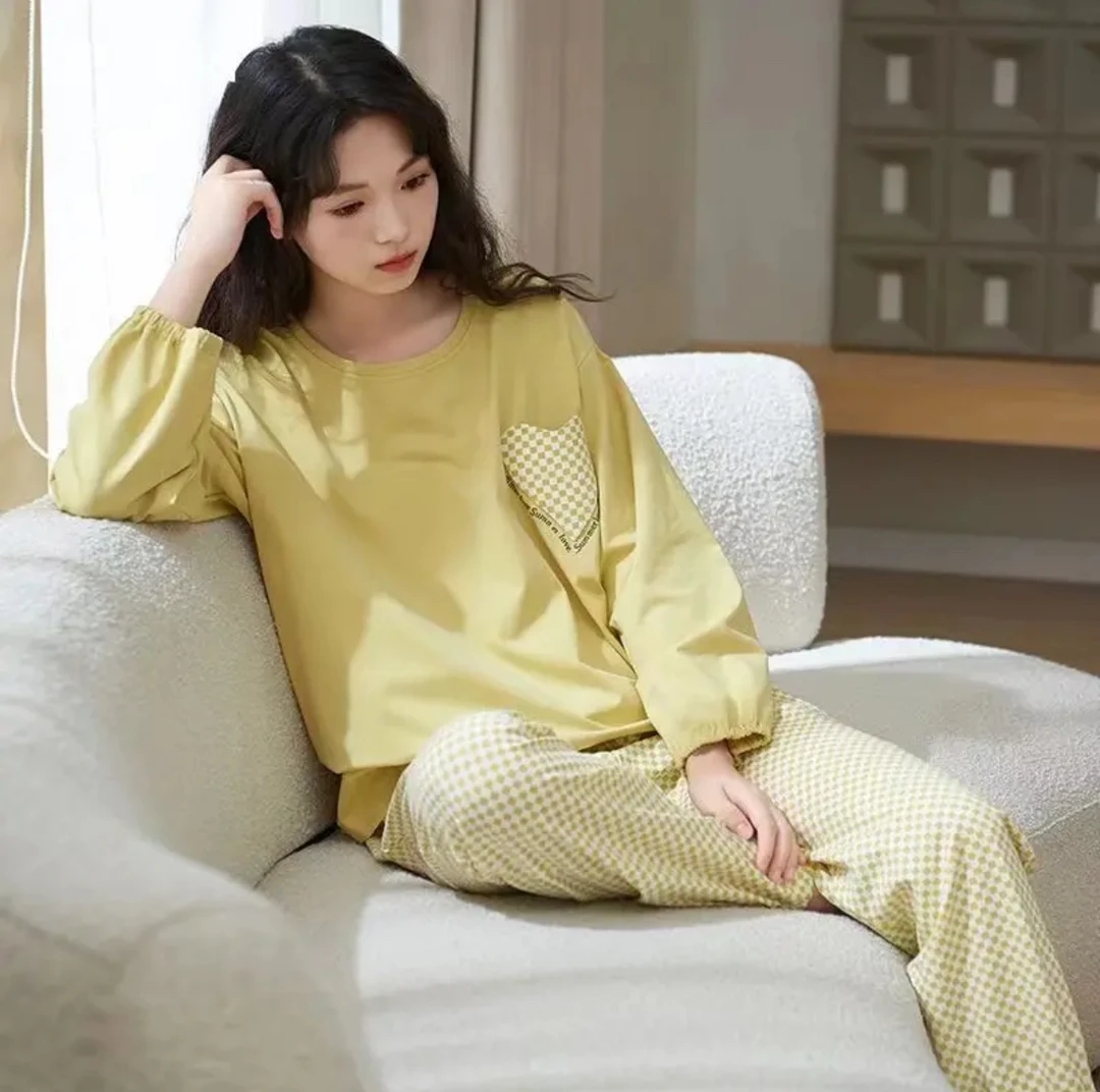 女士睡衣套装秋冬季黄色爱心口袋长袖长裤透气家居服-A109