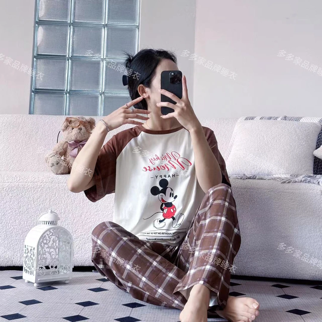 女士棉睡衣套装夏季深咖插肩米奇短袖长裤透气睡衣家居服