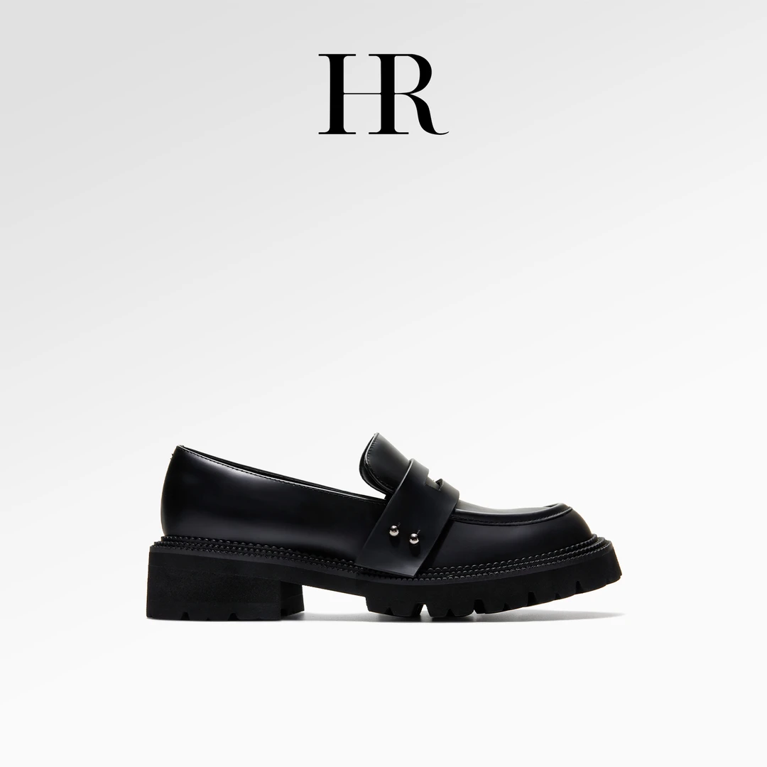 HR/赫莲娜真皮2025新款时尚百搭休闲圆头乐福鞋英伦风黑色时尚