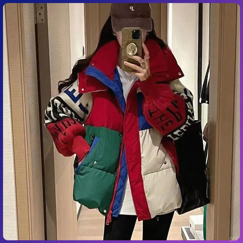 欧洲站2025新款潮牌拼色羽绒服女针织袖设计感字母花白鸭绒外套潮