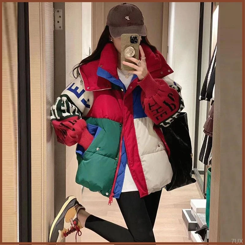 冬季新款羽绒服欧洲站时尚宽松显瘦拼接连帽针织袖字母短款休闲