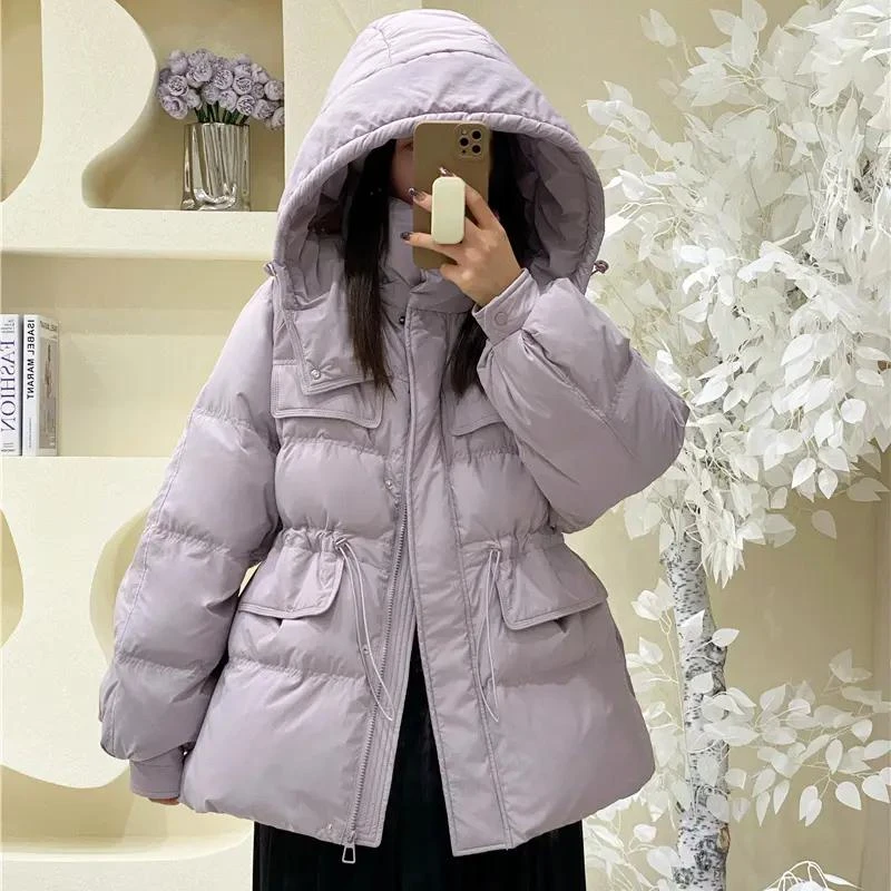 羽绒服新款2025新款韩系芋泥紫收腰羽绒服女中长款冬装白鸭绒加厚