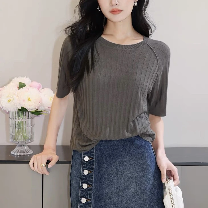 【美久仟】清！山羊绒竹纤维圆领坑条短袖女士 夏S119