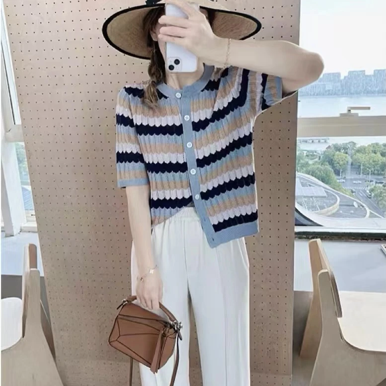 【美久仟】马卡龙！桑蚕丝圆领拼色水波纹开衫女士 夏S1151