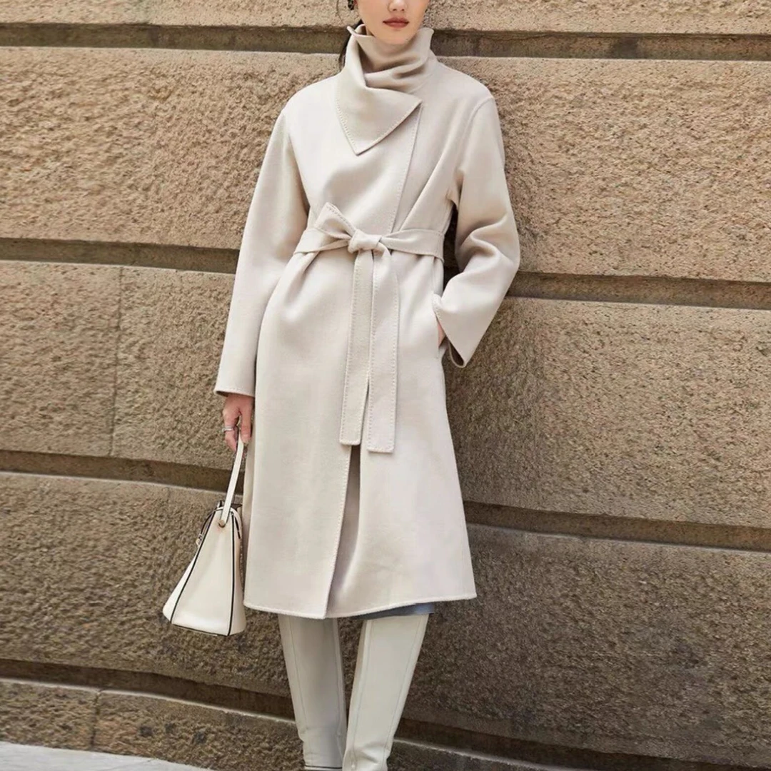 【美久仟】花苞领大衣！山羊绒花苞领/翻领双面尼中长款大衣女士秋冬