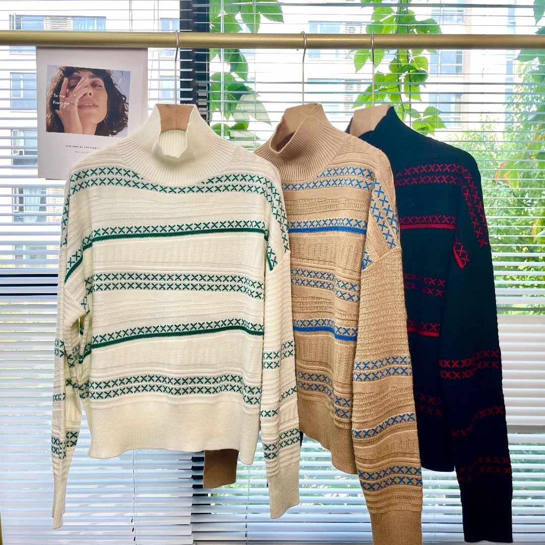 淸！精纺纯羊毛加厚重工不规则提花半高领女装秋冬套衫E676