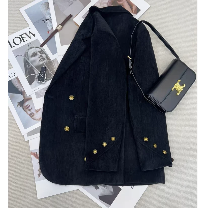 2024秋冬新款小西装雪尼尔女休闲高级感时尚黑色休闲夹棉宽松外套