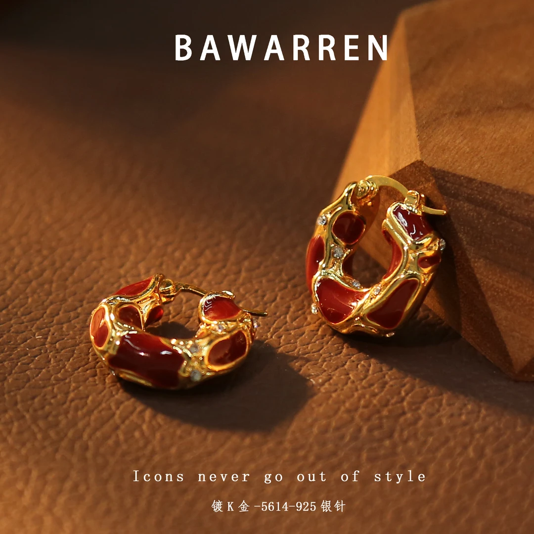 Bawarren 意❤ 5614-红色耳圈精致小众欧美优雅