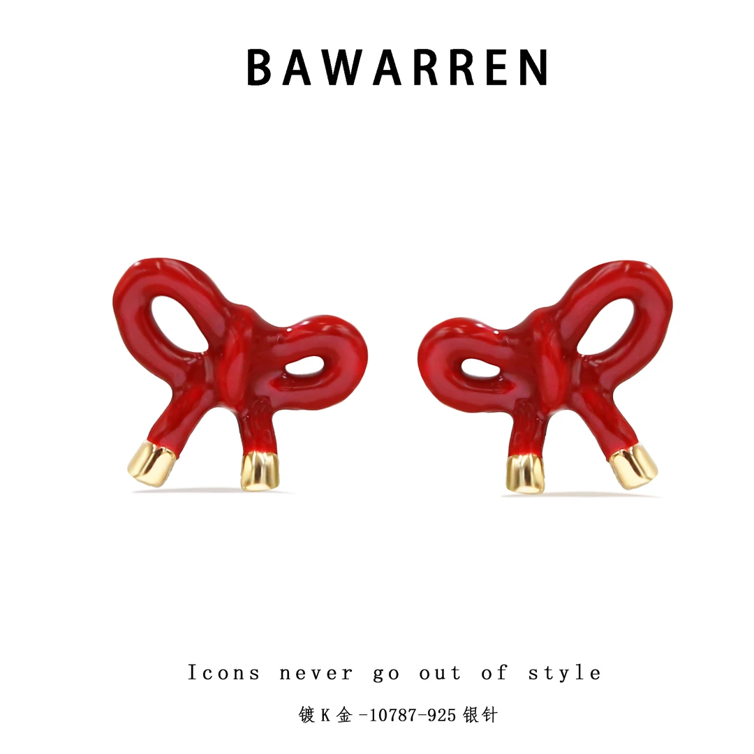 Bawarren 美❤ 10787-红蝴蝶结精致耳环简约百搭欧美