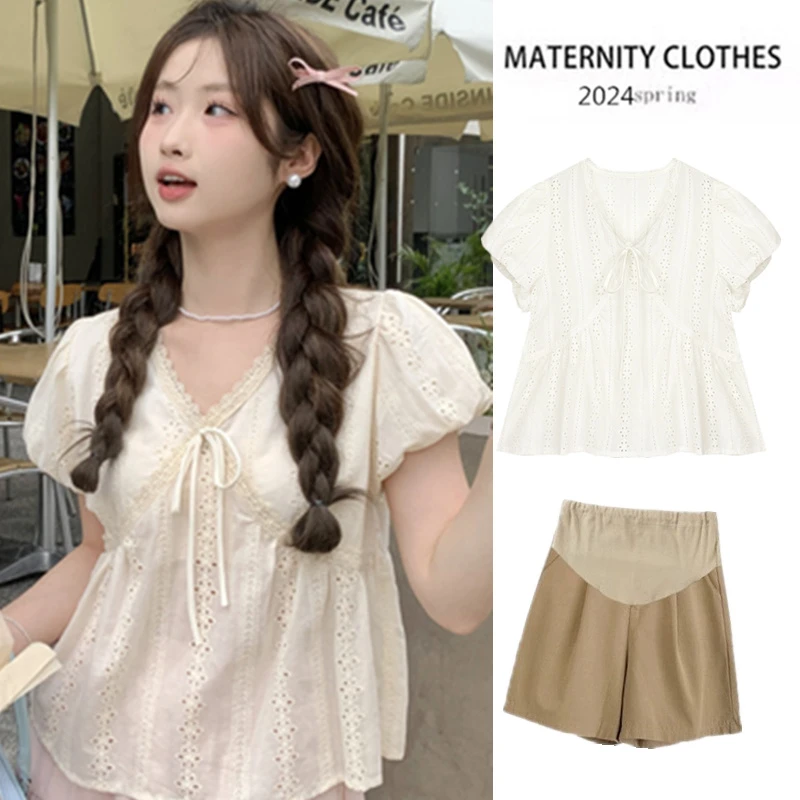 孕妇遮肚子不显怀上衣夏季韩版宽松娃娃衫短袖t恤衬衣夏装套装女