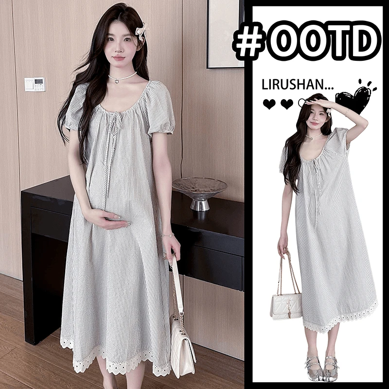孕妇连衣裙夏季法式时尚设计感花边拼接泡泡袖条纹显瘦度假风长裙