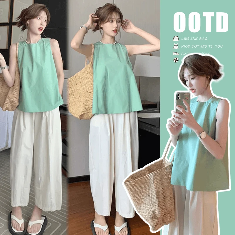 孕妇遮肚子不显怀上衣小个子夏季无袖背心娃娃衫慵懒风休闲裤套装