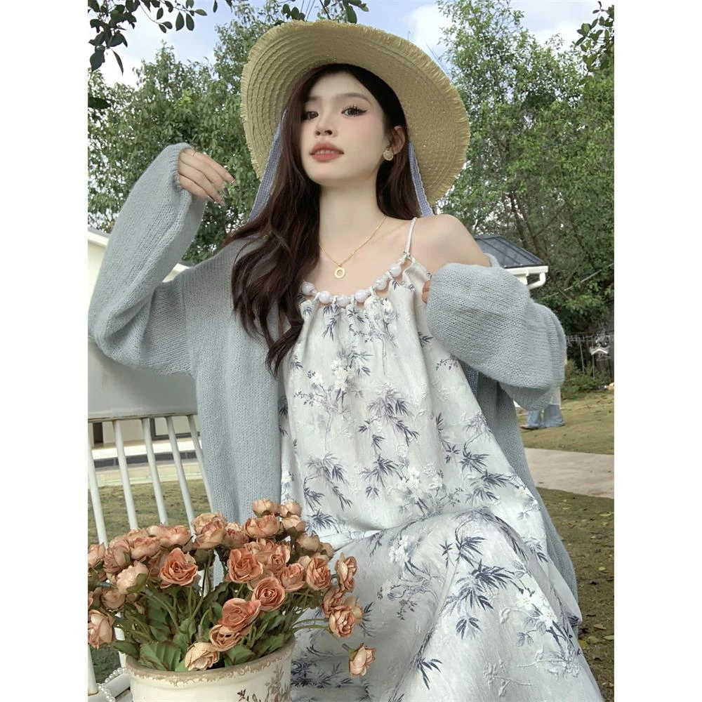 孕妇夏装连衣裙新中式扎染甜美碎花吊带长裙薄款针织开衫两件套女