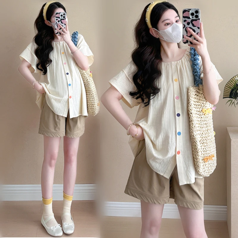 孕妇套装夏款韩版宽松娃娃衫短袖衬衣遮肚孕妇上衣夏装短裤两件套