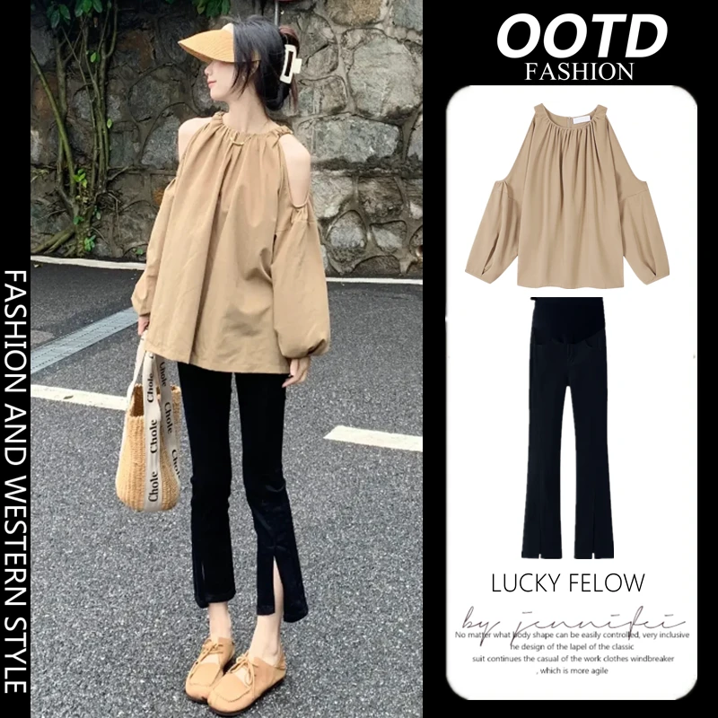 孕妇秋装法式复古挂脖露肩衬衫女新款设计感小众洋气减龄长袖套装