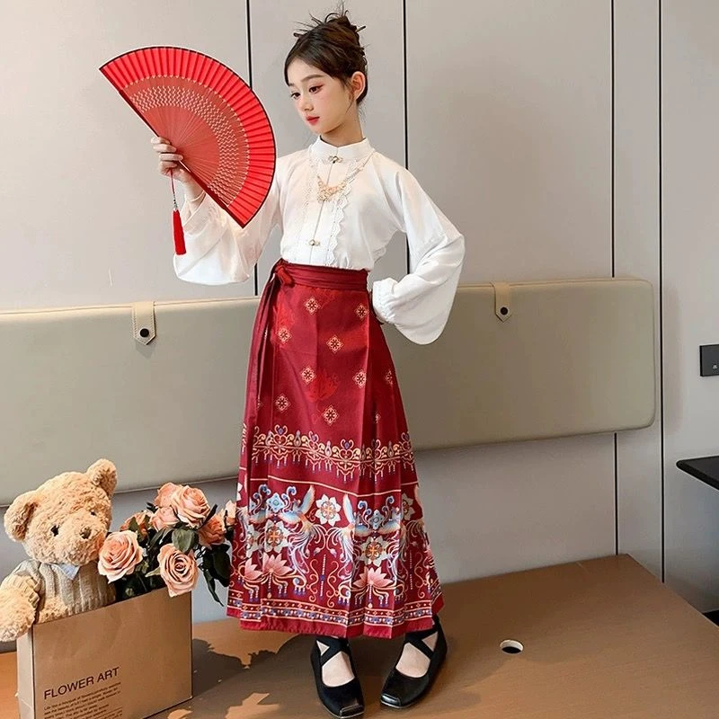 儿童款马面裙爆款秋冬女童汉服裙儿童中国风套装学生唐装女孩长袖