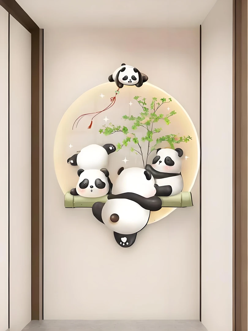 奶油风装饰画入户走廊过道发光壁画立体国宝熊猫客厅玄关大气挂画