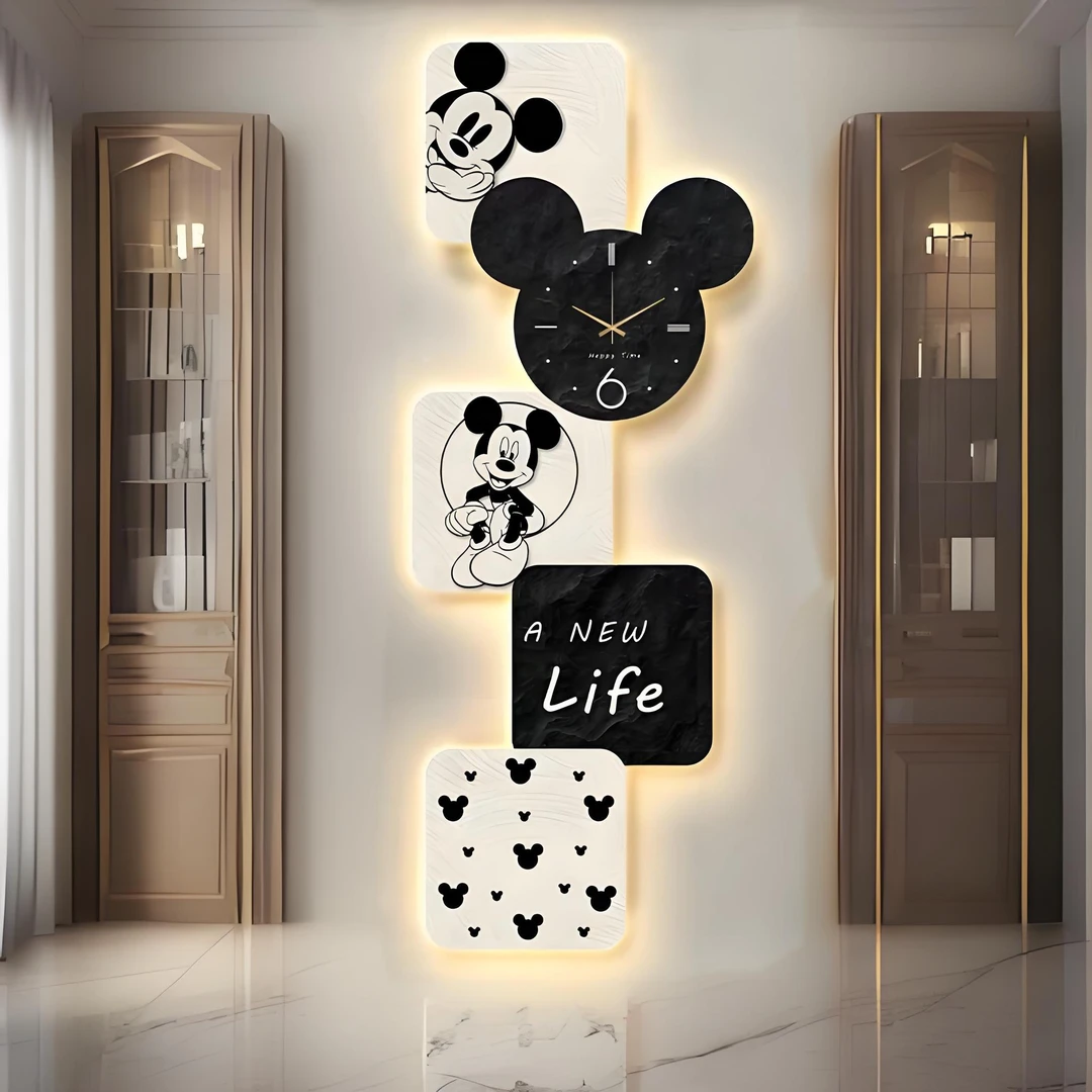 卡通米奇创意玄关装饰画客厅钟表挂钟家用时尚静音时钟表挂画墙画