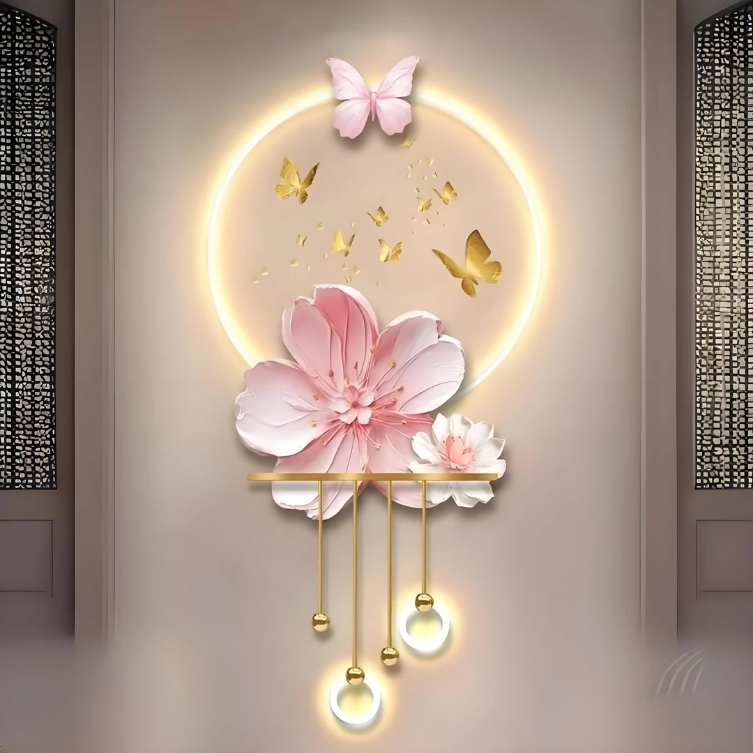 新款奶油风花卉蝴蝶玄关装饰画发光走廊立体LED灯画创意时尚挂画