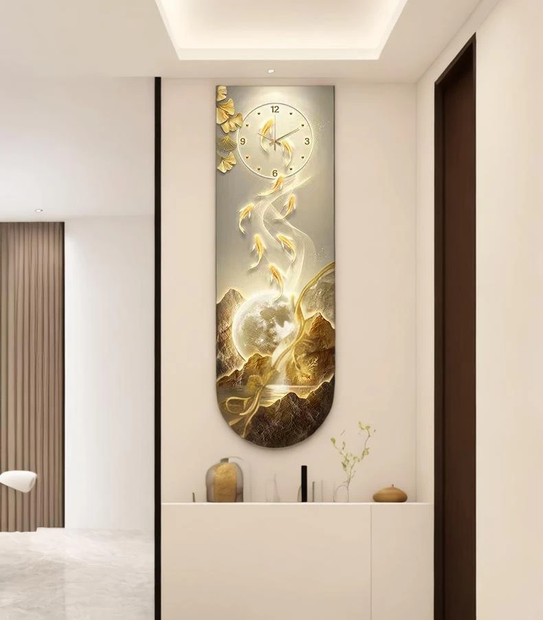 九鱼图带时钟入户门玄关装饰画高级感中式壁画大气轻奢走廊挂画