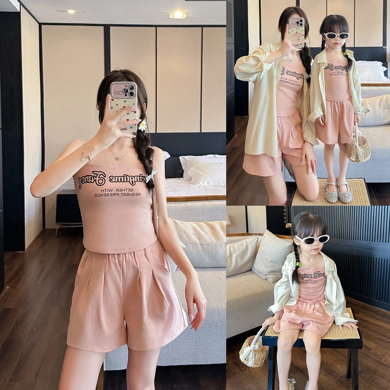 亲子装连衣裙夏季2024新款时髦两件套字母吊带短裤衬衣亲子套装潮