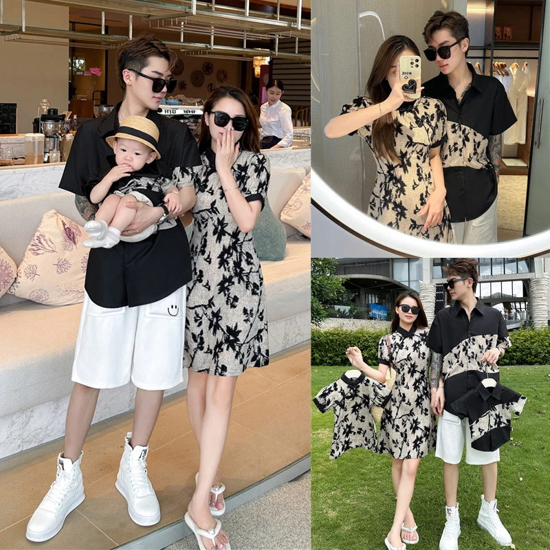 亲子装夏季新款一家三四口民国风短袖衬衫复古母女装旗袍式连衣裙