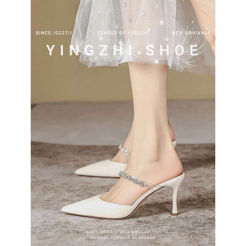 香港凉鞋女2024春夏季新款尖头白色高跟鞋细跟春季时尚外穿半拖鞋