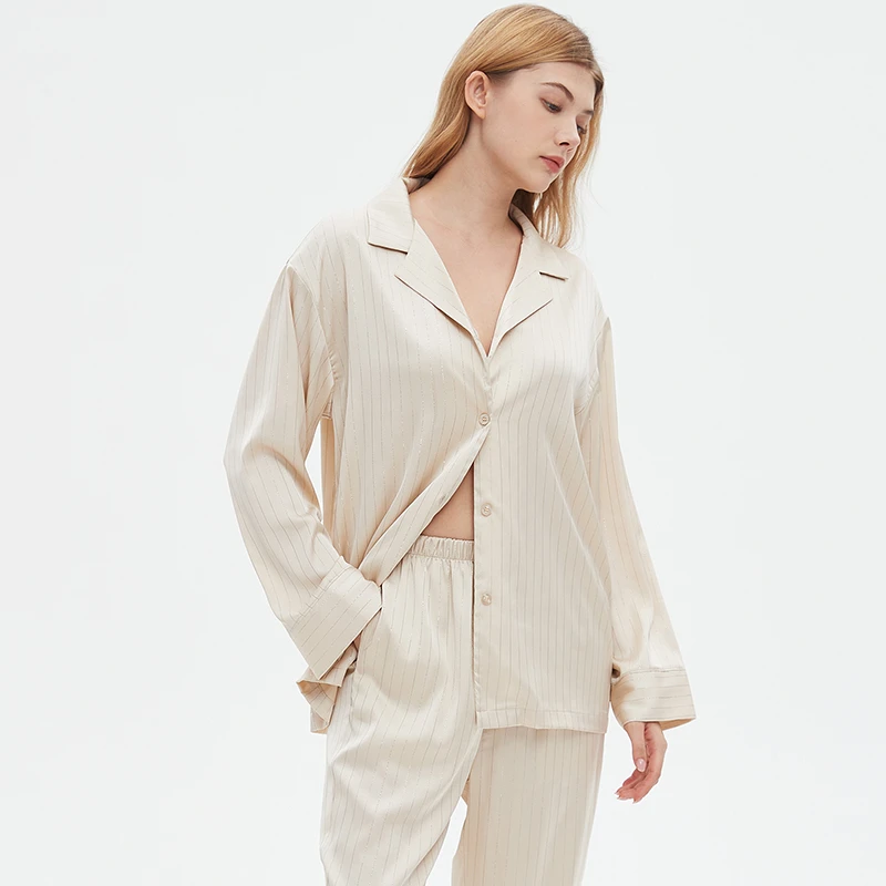 亮金线竖条纹高级感丝滑绸缎冰丝睡衣女夏季春睡裤新款家居服套装