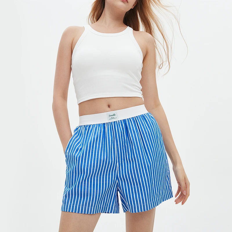 设计感撞色腰短裤女士夏季条纹家居裤外穿睡裤沙滩裤百搭大裤衩