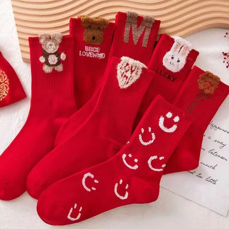 冬季本命年羽毛纱大红袜子中筒新年袜ins百搭高颜值长筒袜女韩版