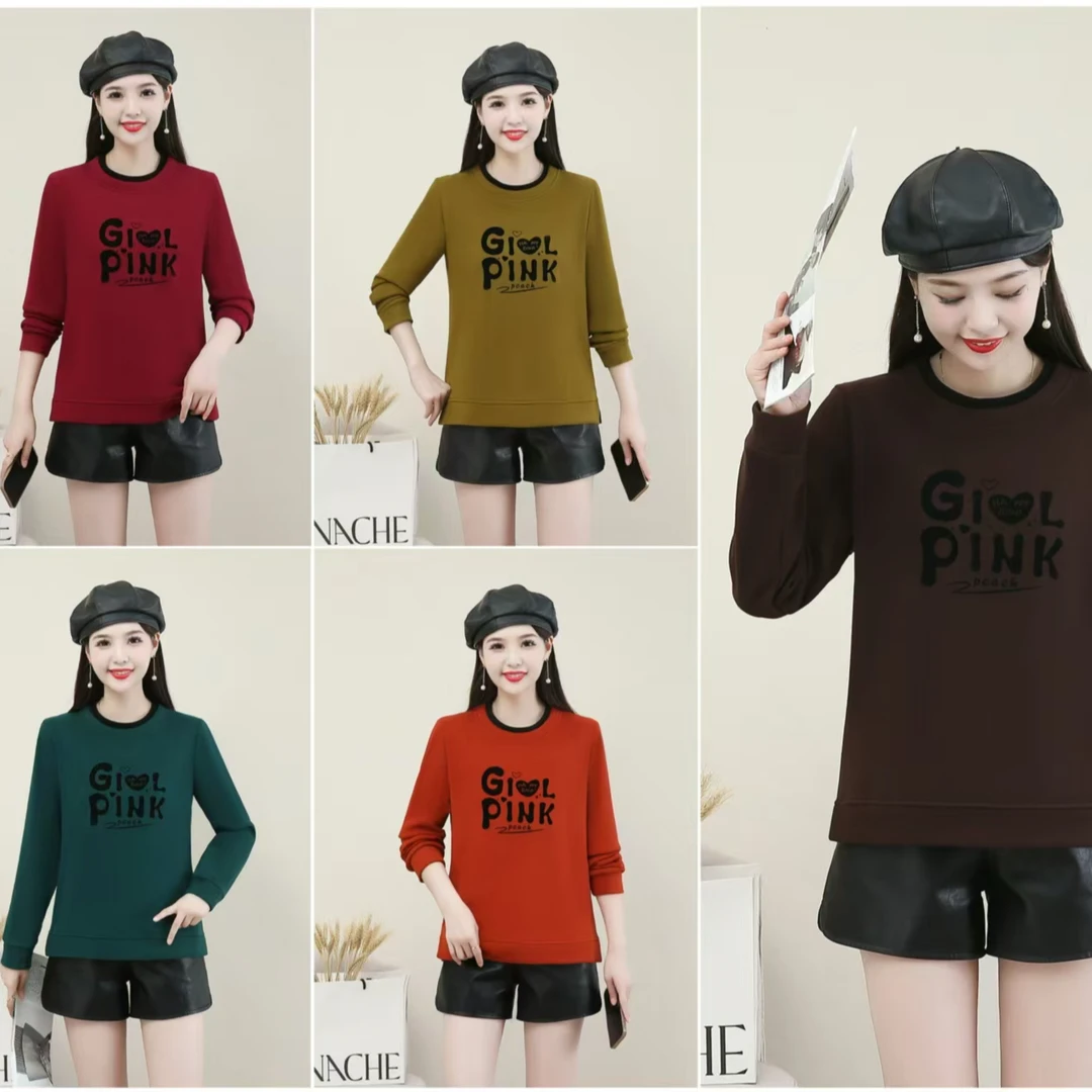 C05【衣长58】加绒圆领卫衣女2024秋冬新款时尚显瘦百搭休闲上衣