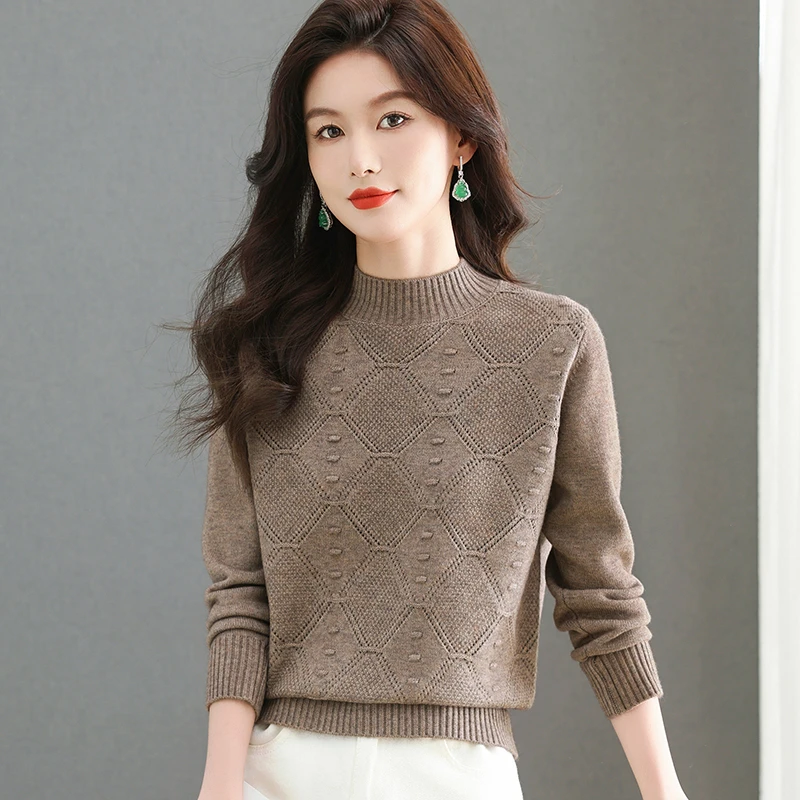 冬款纯色半高领重工提花洋气百搭宽松显瘦时尚针织毛衣女98970