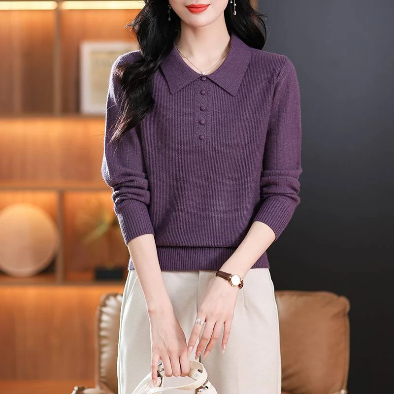 新款翻领秋冬套头洋气时尚纯色百搭宽松显瘦女针织衫9119
