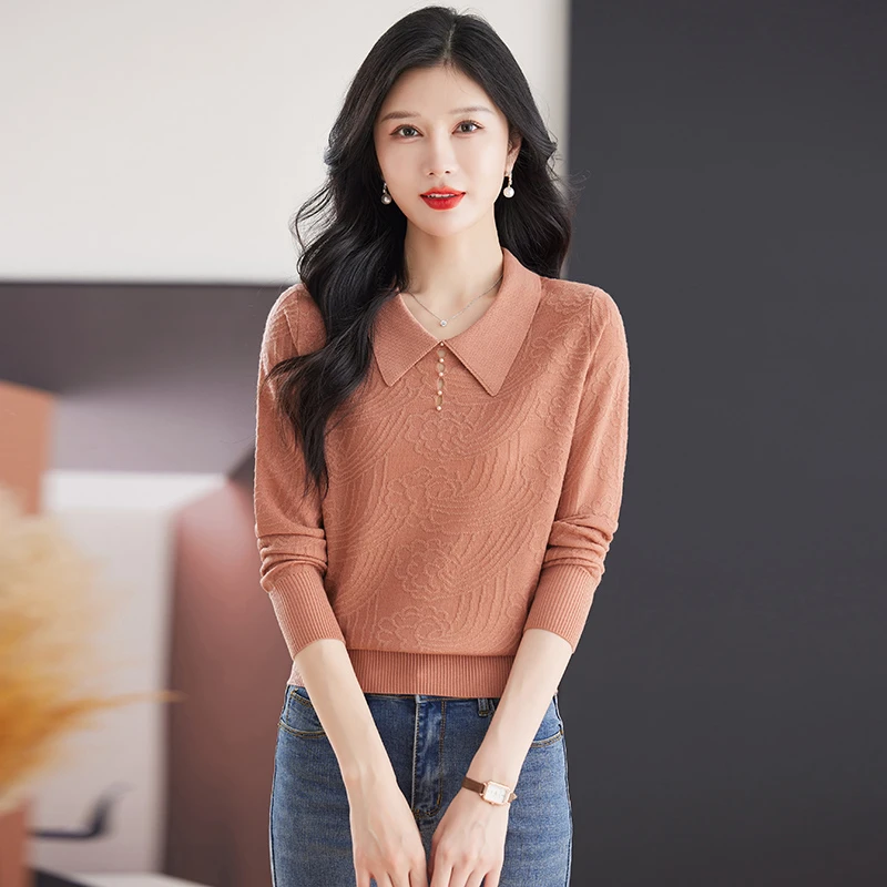 2024新款翻领春秋时尚气质套头洋气女士针织衫百搭宽松显瘦H001
