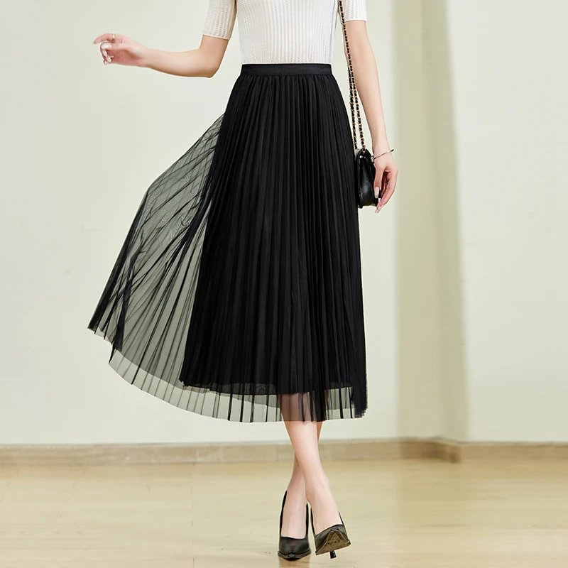 主播身上百褶女款纱裙A字高腰百搭半身裙黑色裙子半裙百褶裙夏季
