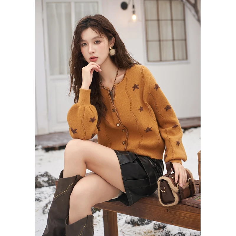 【艾美专属】谜秀橘色毛衣外套新款复古法式慵懒风设计MXC53Z0236