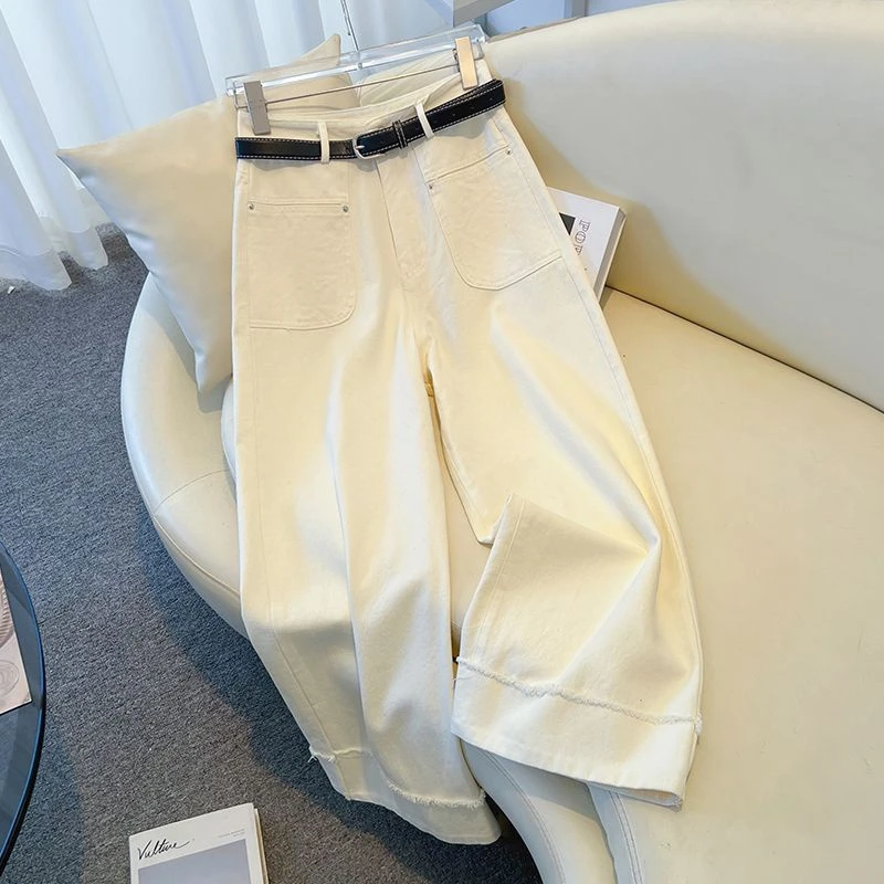 浅米白杏色高腰阔腿牛仔裤女2024早春夏薄款毛边九分直筒裤小个子
