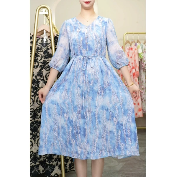 2024新款时尚气质显瘦连衣裙女夏季中长款收腰碎花裙子J2530