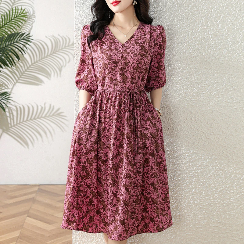 新款时尚气质显瘦连衣裙女夏季中长款收腰碎花裙子J2417