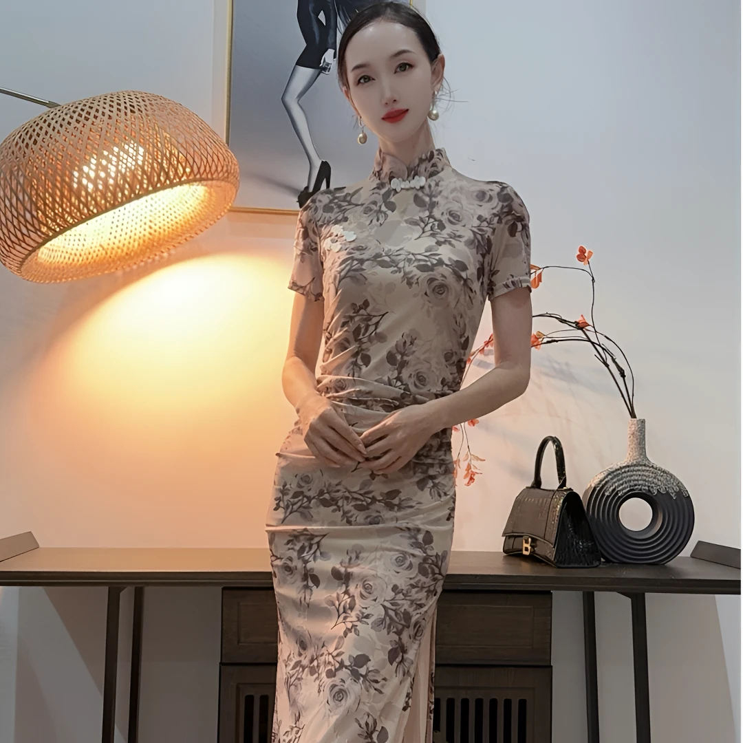 古色古香水墨花烫金修身包臀旗袍连衣裙