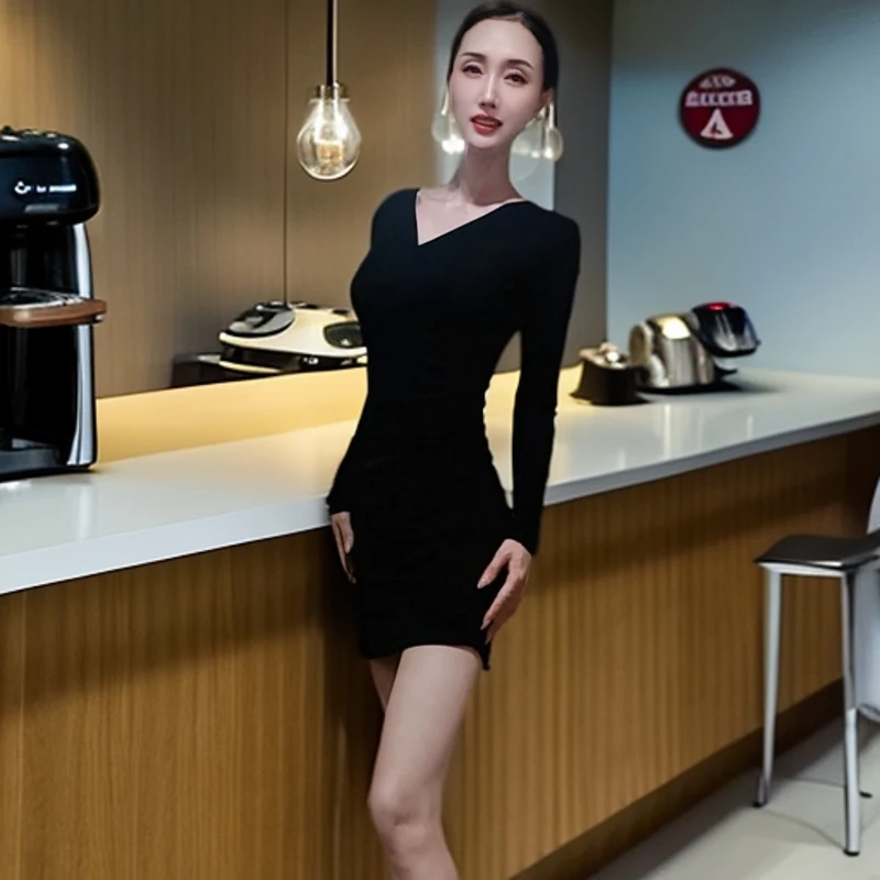 加绒厚款经典V领修身包臀褶皱短款秋冬黑色连衣裙