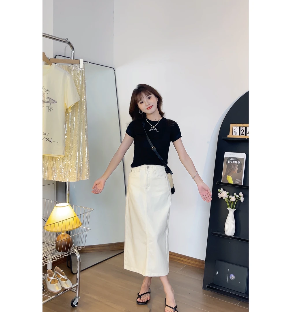 【樱桃小个子】夏季清凉高腰宽松显瘦基础直筒中长半身裙ZR-Q75525