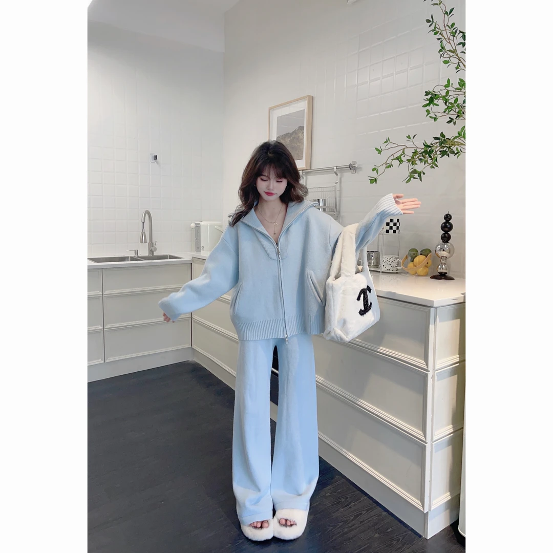 【樱桃小个子】秋季新款韩版慵懒风简约拉链上衣+裤子套装ZR-T73637