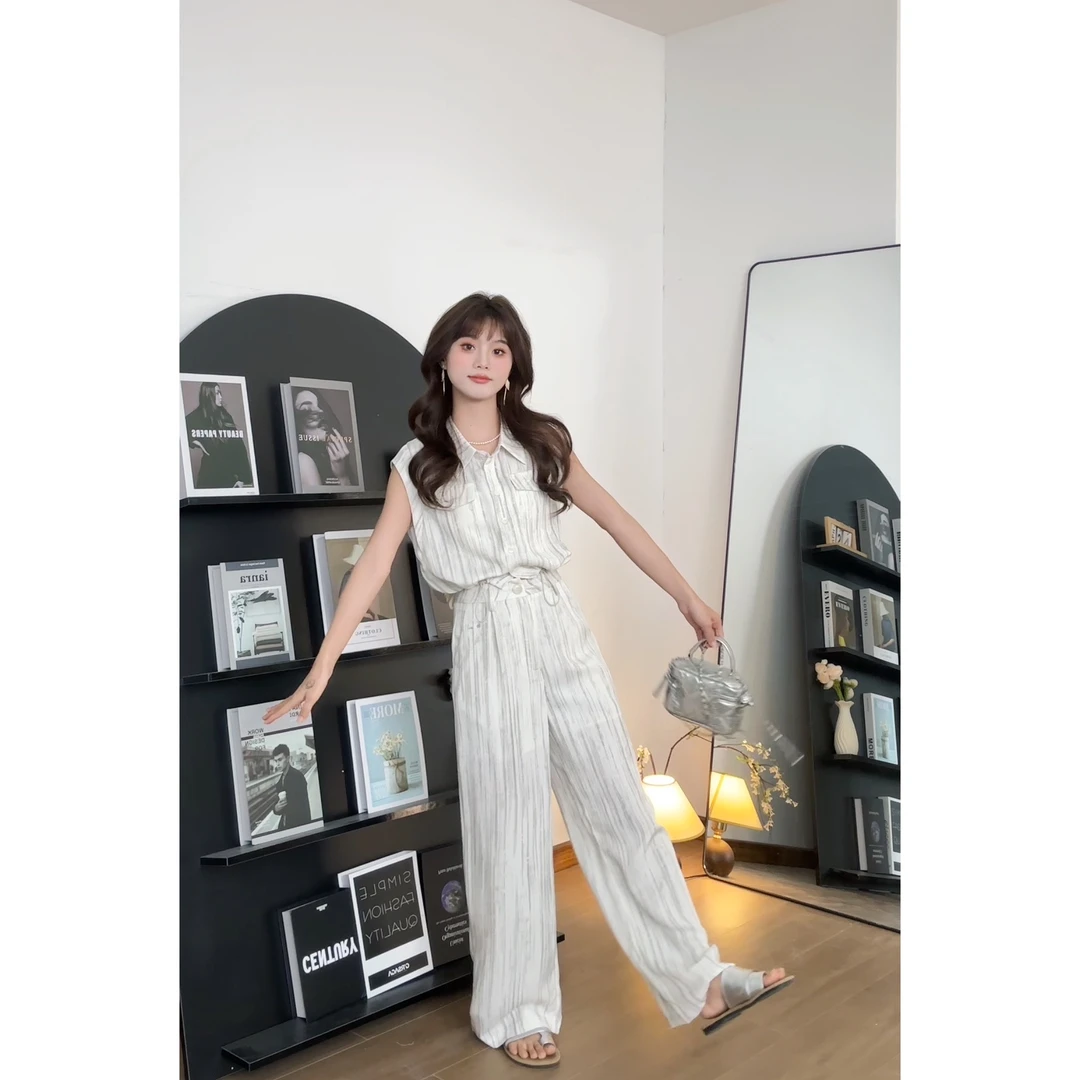 【樱桃小个子】夏季清凉休闲风气质条纹无袖上衣+阔腿裤女ZR-T75684