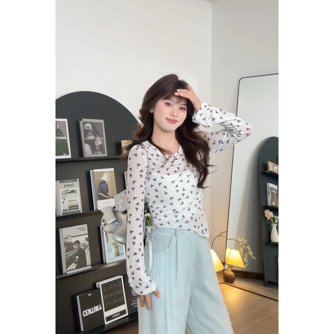 【樱桃小个子】夏季清凉休闲防晒圆领气质印花长袖T恤上衣ZR-S75625