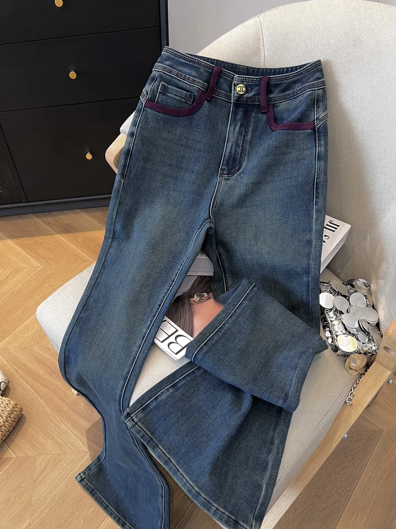 【樱桃小个子改版】秋季高腰显瘦修身窄版直筒微喇牛仔裤ZR-K76307