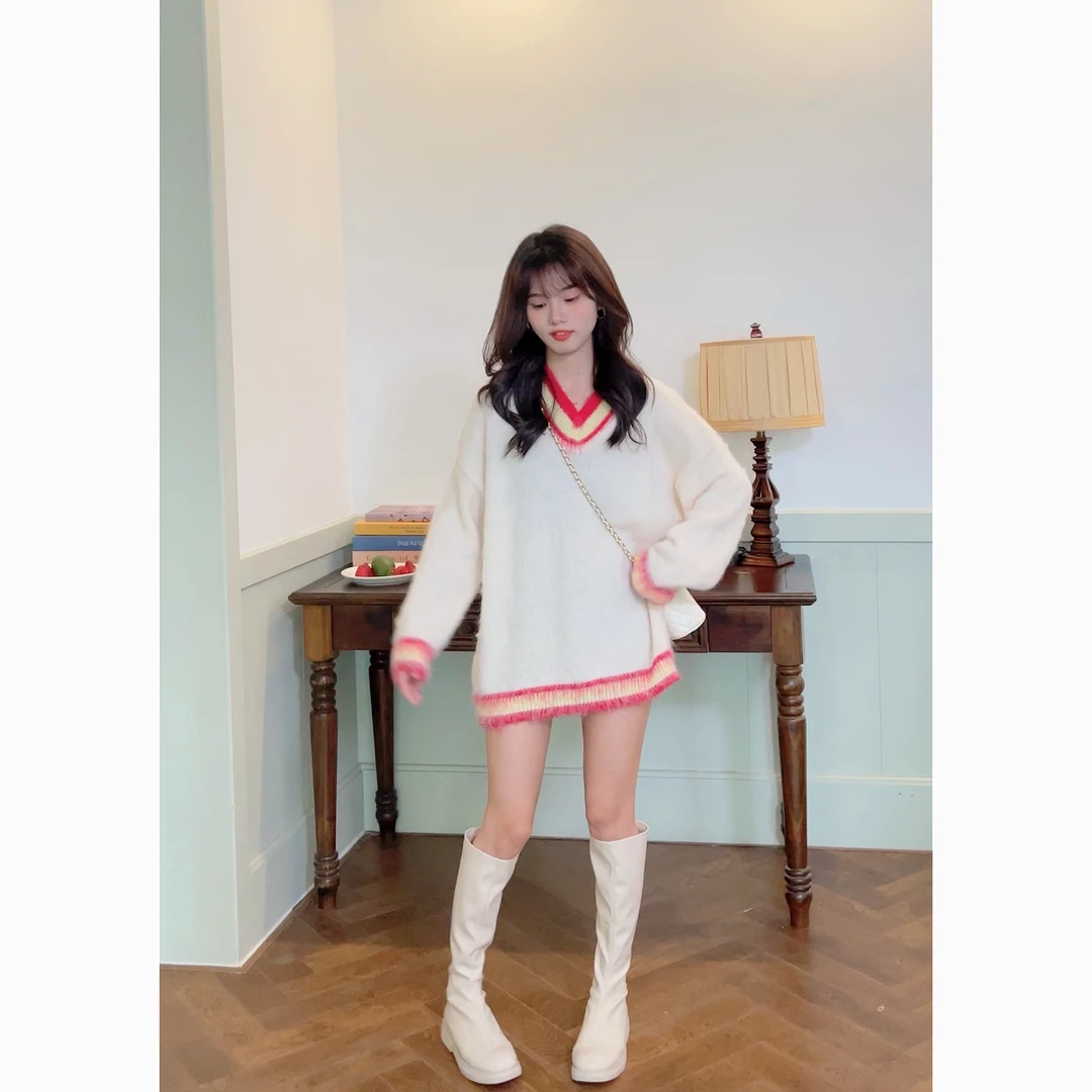 【樱桃小个子】秋季新款韩版宽松彩虹撞色拼接百搭毛衣女ZR-S73587